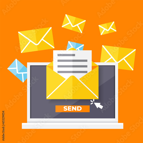 Running email campaign, e-mail advertising, direct digital marketing. Flat design concept with letter in envelope on computer screen. Internet advertisement, online promotion. Sign up to mailing list