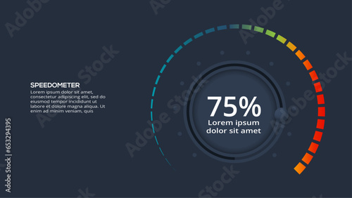 Speedometer infographic with 12 elements, presentations, vector illustration. Template for web on a black background.