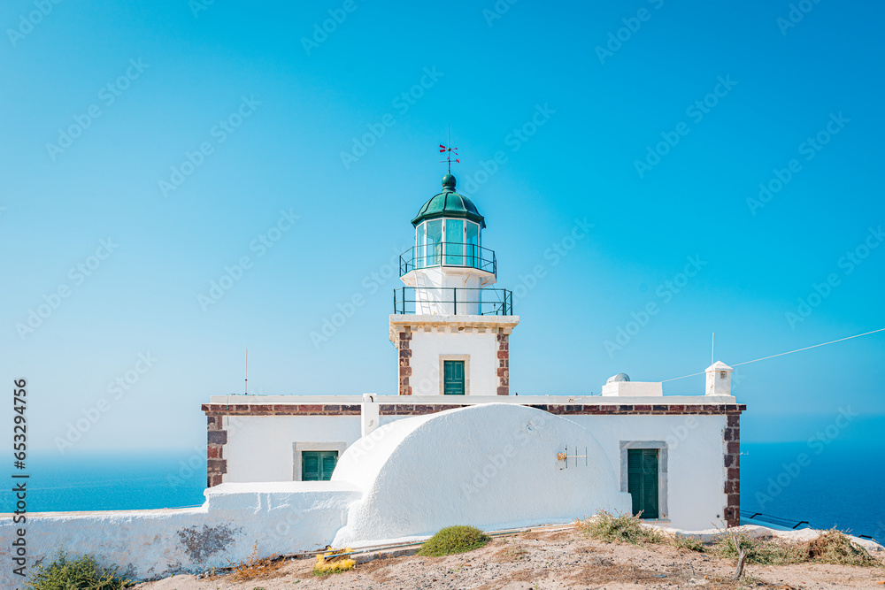 Akrotiri Lighthouse in Santorini, Greece.