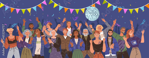 Happy people concept. Vector illustration People on event or ceremony share stories and laughter Happiness emotions are evident in their cheerful voices Happy body language cbe seen in party lively