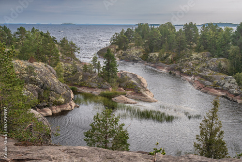 Autumn landscape. Stone coast of the bay, yellow tree, grass and stones on the shore. Pine forest on a stone shore. Overcast sky.