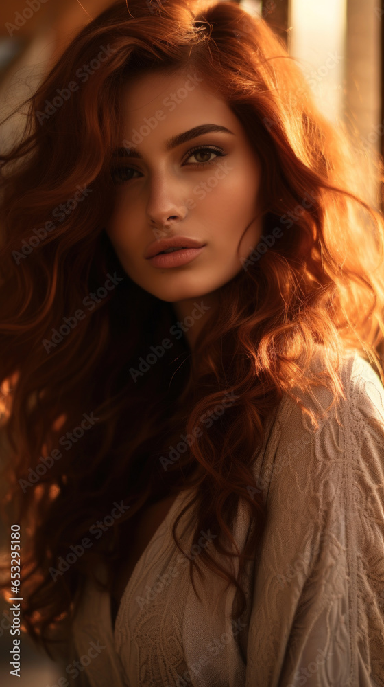 Portrait of Stunning Young Turkey Woman with Red Hair Captured in Golden Hour and Natural Light, High-Quality Beauty Photography
