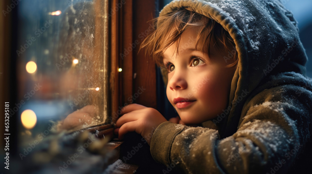 Nahaufnahme eines neugierigen Jungen, der voller Neugierde und Vorfreude auf Weihnachten durch ein Fenster mit Weihnachtslichter guckt - obrazy, fototapety, plakaty 