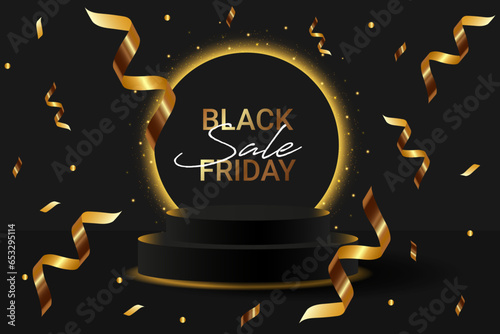  Black Friday super sale neon podium.Black 3D podium with glowing gold neon circle and glitter, serpantine. Banner for demonstrating products, promotions, discounts, sales,mockup.Vector illustration.