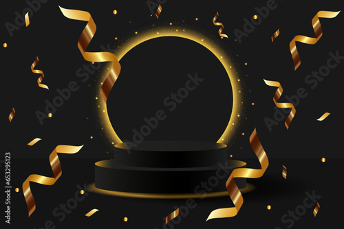 Black 3D podium with glowing gold neon circle and glitter, serpantine. Mega sale special offer Black Friday Stage Podium Scene with for Award, Decor element background.Vector illustration