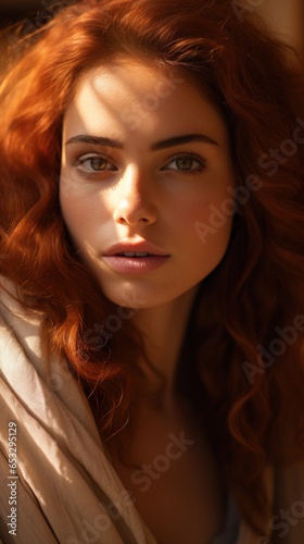 Portrait of Stunning Young Turkey Woman with Red Hair Captured in Golden Hour and Natural Light, High-Quality Beauty Photography