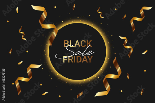 Black Friday super sale with glowing gold neon circle and glitter, serpantine. Special offer  Mega sale Banner for demonstrating products promotions discounts sales mockup. Vector illustration