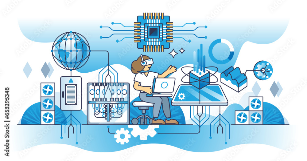 Age of quantum computing and super computer science work outline concept. Powerful technology for difficult and complex task calculations vector illustration. Futuristic high performance data tech.