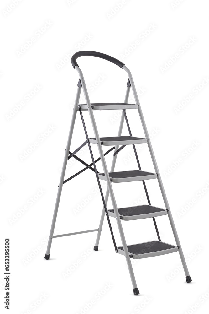Three quarter shot of metallic safe ladder with wide steps isolated on white background Three quarter shot of metallic safe ladder with wide steps isolated on white background