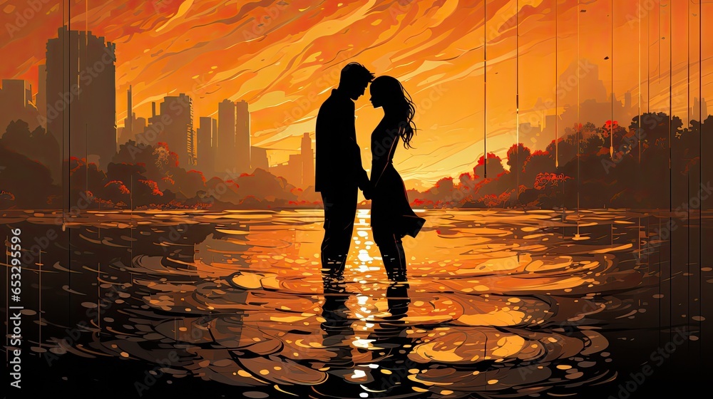 Obraz premium Sylwetki pary zakochanych o zachodzie słońca.