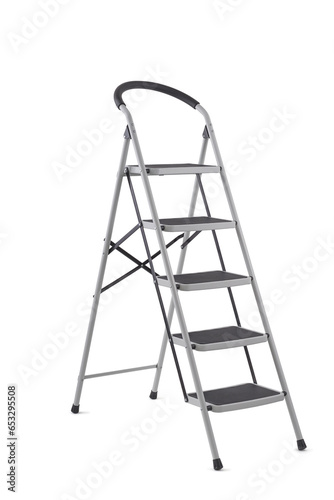 Three quarter shot of metallic safe  ladder with wide steps isolated on white background