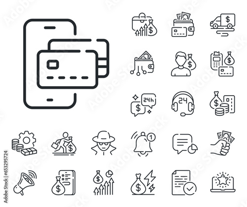 Credit card sign. Cash money, loan and mortgage outline icons. Phone pay line icon. Non-cash money symbol. Phone pay line sign. Credit card, crypto wallet icon. Inflation, job salary. Vector