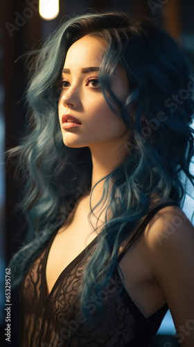 Portrait of Stunning Young Asian Woman with Blue Hair Captured in Golden Hour and Natural Light, High-Quality Beauty Photography