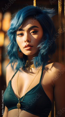 Portrait of Stunning Young Asian Woman with Blue Hair Captured in Golden Hour and Natural Light, High-Quality Beauty Photography