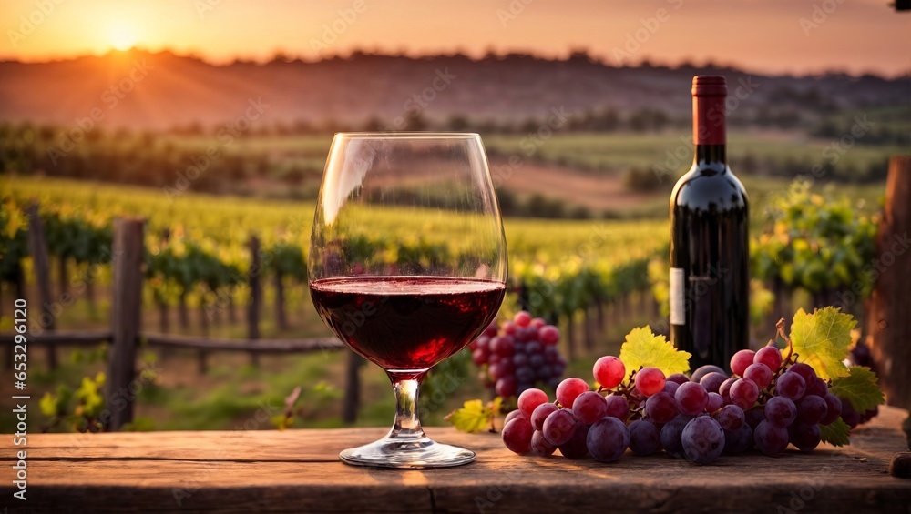 Pouring red wine into glass on vineyard background at sunset. One glass of red wine and purple grapes on wooden table overlooking vineyard at sunset