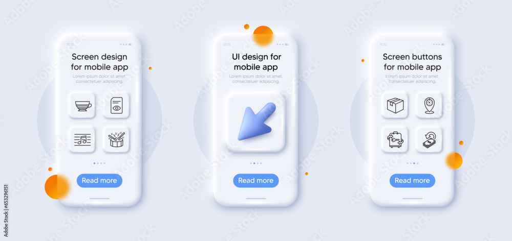 Timer, Cashback and View document line icons pack. 3d phone mockups with cursor. Glass smartphone screen. Luggage, Drums, Parcel web icon. Musical note, Mocha pictogram. For web app, printing. Vector Timer, Cashback and View document line icons pack. 3d phone mockups with cursor. Glass smartphone screen. Luggage, Drums, Parcel web icon. Musical note, Mocha pictogram. For web app, printing. Vector