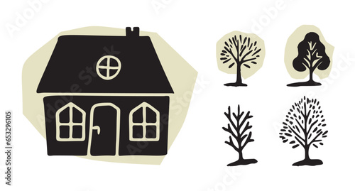 Whimsical forest tree with building design collection vector organic style with colored blob. Woodland cottage for outdoor quirky linocut set. 