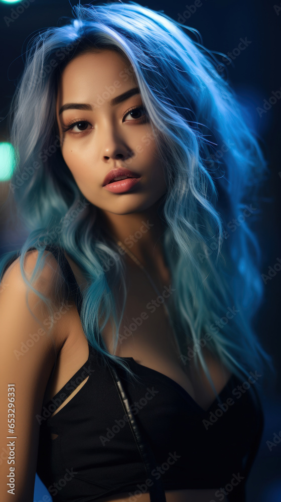 Portrait of Stunning Young Asian Woman with Blue Hair Captured in Golden Hour and Natural Light, High-Quality Beauty Photography Portrait of Stunning Young Asian Woman with Blue Hair Captured in Golden Hour and Natural Light, High-Quality Beauty Photography