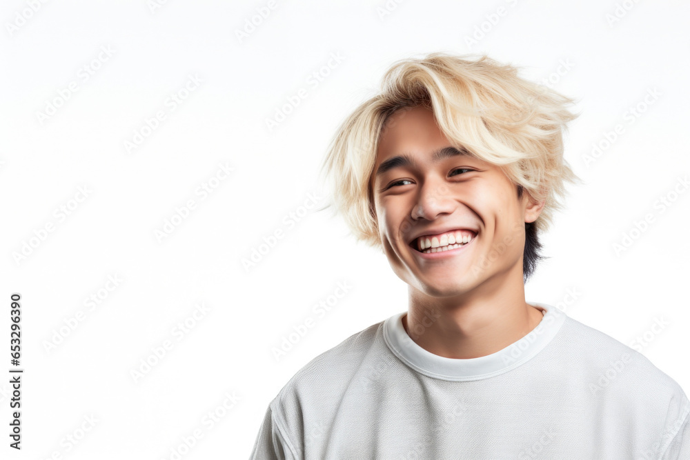 A man with blonde hair is smiling and holding a cell phone. This picture can be used to depict happiness, communication, and technology. - obrazy, fototapety, plakaty 