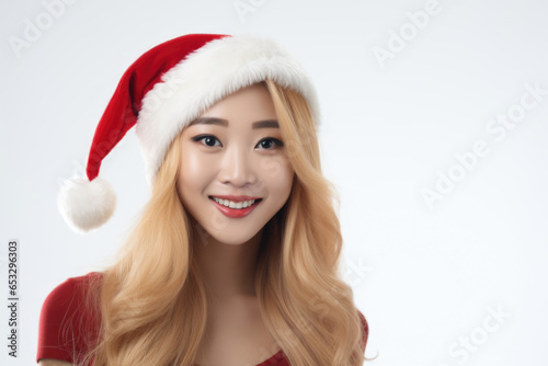 A woman wearing a Santa hat poses for a picture. This image can be used for holiday-themed designs or to add a festive touch to any project.