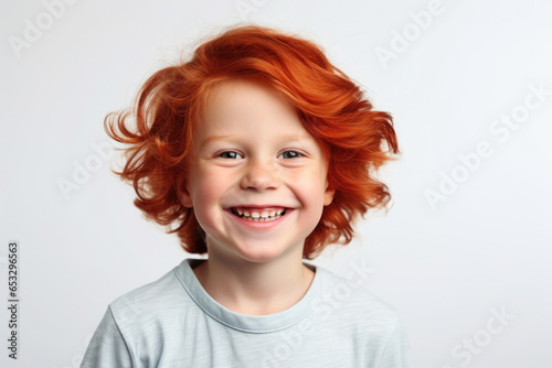 A sweet and joyful image of a little girl with vibrant red hair smiling directly at the camera. Perfect for capturing the innocence and happiness of childhood. Ideal for use in advertisements, brochur photo