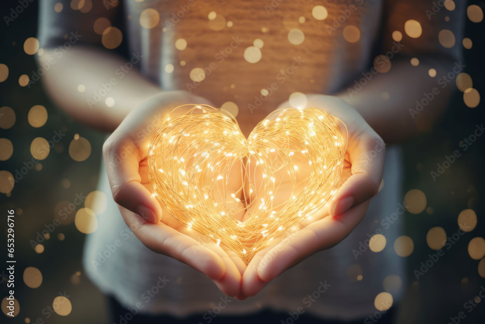 Female hands holding heart shaped glowing christmas lights Stock Photo ...