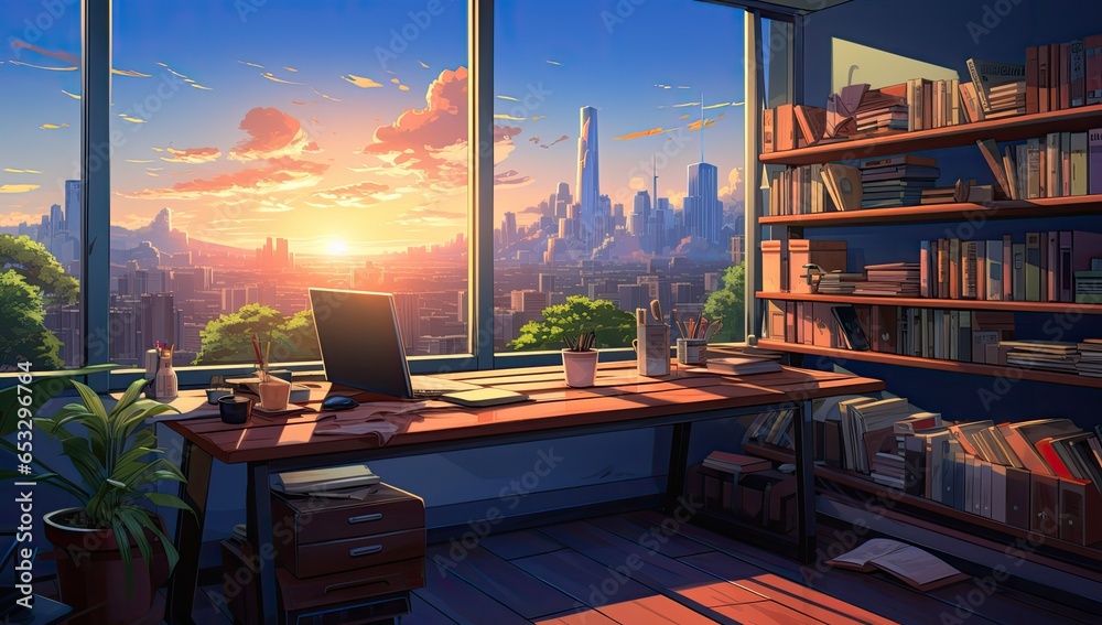 Domowe biuro w stylu lofi anime.  - obrazy, fototapety, plakaty 