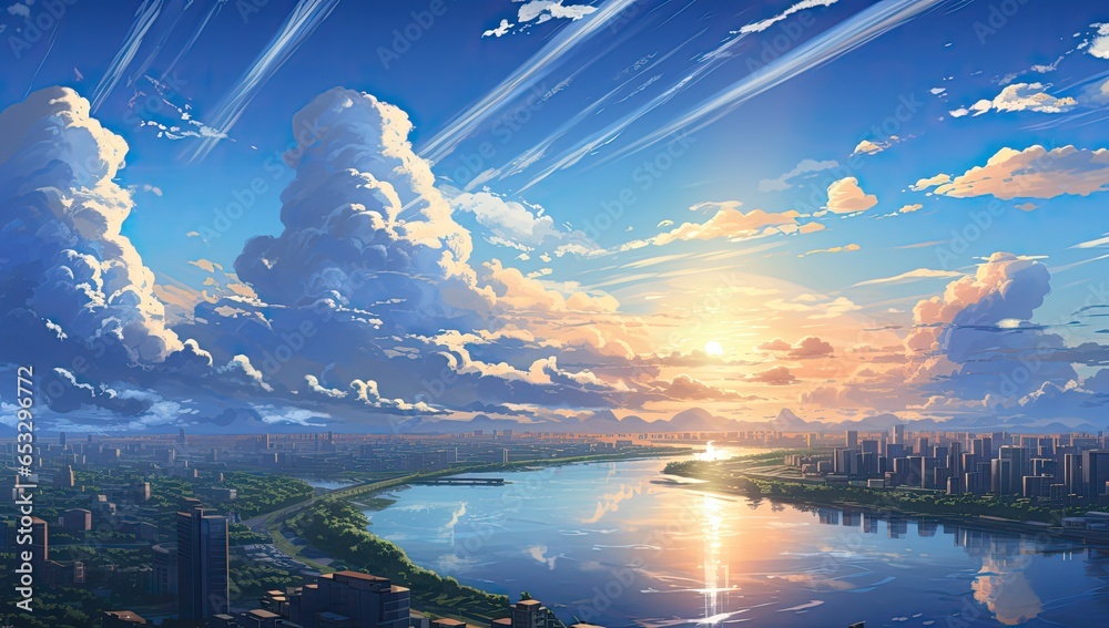 Chmury nad futurystycznym miastem w stylu anime.  - obrazy, fototapety, plakaty 