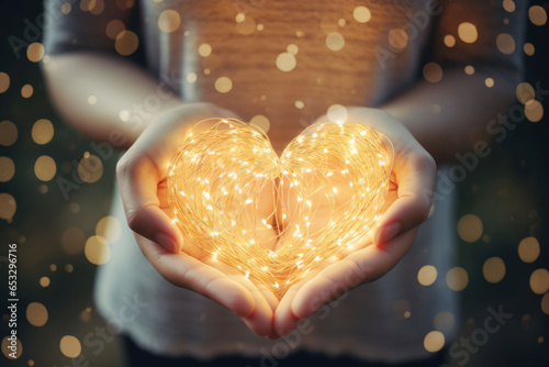 Female hands holding heart shaped glowing christmas lights