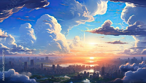 Chmury nad futurystycznym miastem w stylu anime. 