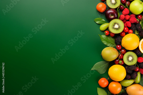 fruits on a green background with a space in the middle shot from a high angle with empty space around them