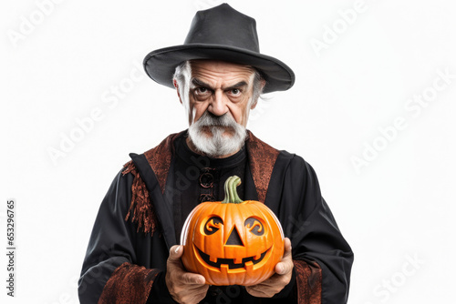 A man dressed in a witch costume holding a pumpkin. Perfect for Halloween-themed designs and decorations.