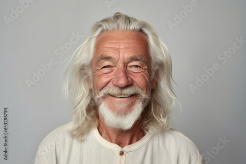 A picture of a man with long white hair and a beard. This image can be used to portray wisdom, age, or a mystical character.