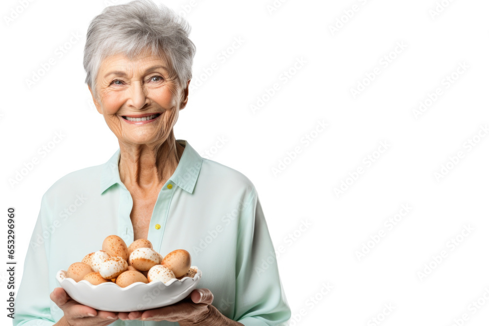 An older woman is pictured holding a bowl filled with eggs. This image can be used to depict cooking, baking, Easter traditions, or farm life. An older woman is pictured holding a bowl filled with eggs. This image can be used to depict cooking, baking, Easter traditions, or farm life.