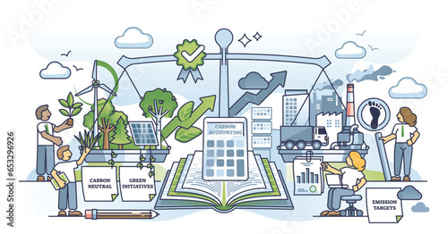 Carbon accounting and CO2 pollution management or reduction outline concept. Ecological work with dioxide neutral strategy, green bio initiatives and targets to reduce footprint vector illustration.