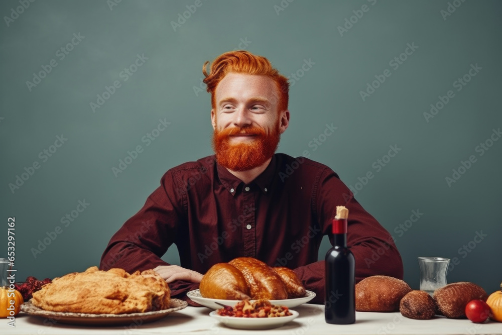 A man sitting at a table with a plate of food and a bottle of wine. Suitable for food and dining-related concepts. A man sitting at a table with a plate of food and a bottle of wine. Suitable for food and dining-related concepts.