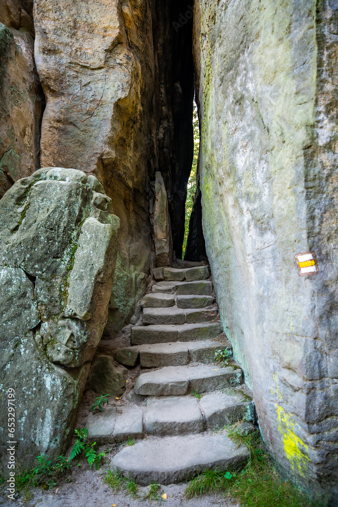 Prachovske skaly in sun lights, Cesky raj sandstone cliffs in Bohemian Paradise, Czech Republic