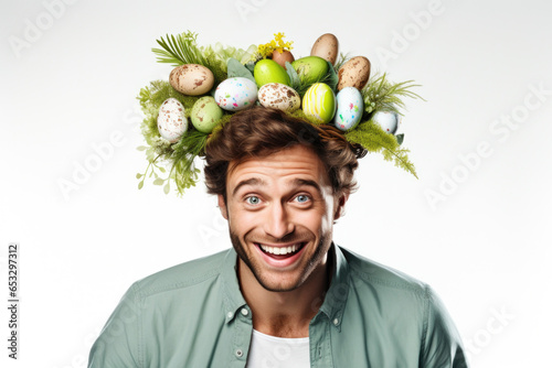 A man wearing a bunch of eggs on his head. This image can be used to depict humor, creativity, or unconventional thinking. photo