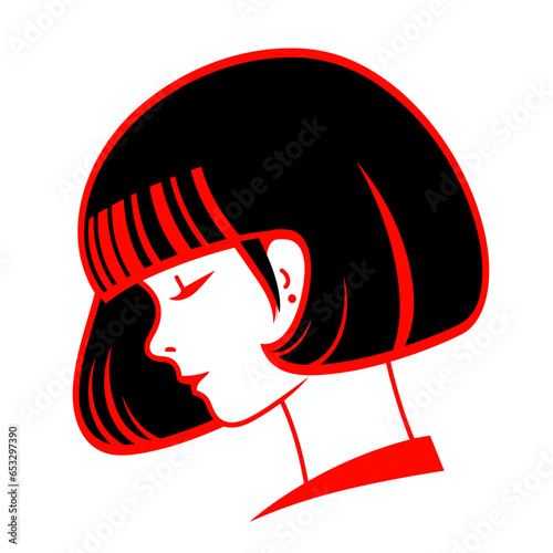Short bob wig vector icon in minimalistic, black and red line work, japan web