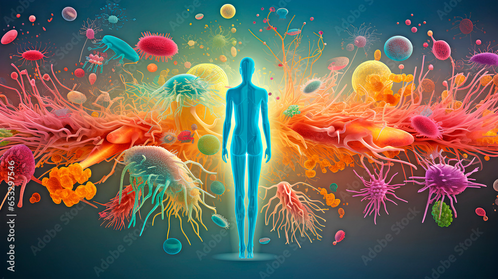 Representation of the human microbiota and microbiome, the bacteria and microorganisms that we have on our body.   - obrazy, fototapety, plakaty 