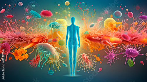 Representation of the human microbiota and microbiome, the bacteria and microorganisms that we have on our body. 