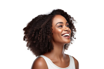 A woman with curly hair smiling and looking up. Perfect for advertisements or social media posts.