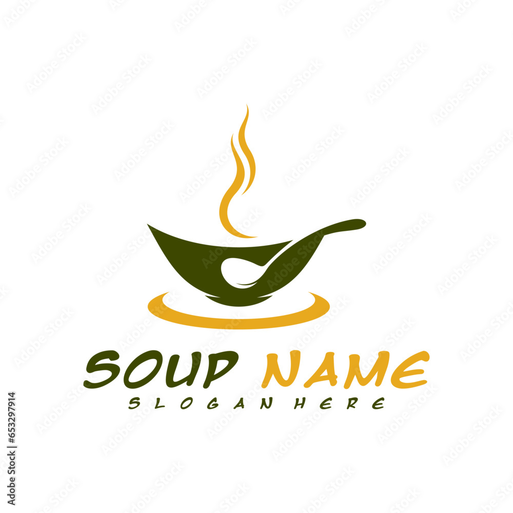 Obraz premium Soup logo design concept. Food Cooking logo vector. Kitchen logo with pot full of vegetables.