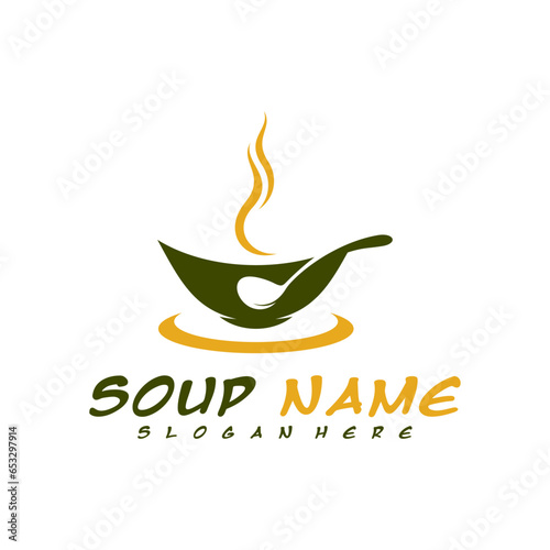Soup logo design concept. Food Cooking logo vector. Kitchen logo with pot full of vegetables.