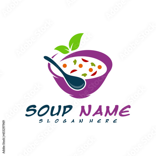 Soup logo design concept. Food Cooking logo vector. Kitchen logo with pot full of vegetables.