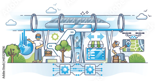 Future of city transportation with modern infrastructure outline concept. Autonomous and sustainable traffic management with train, drone taxi and innovative logistic stations vector illustration.