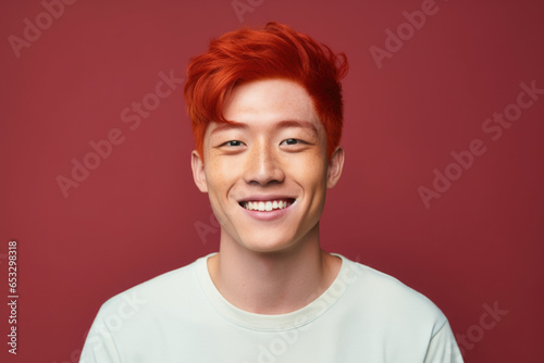A man with red hair smiles warmly while wearing a crisp white shirt. Perfect for professional or casual settings. © Fotograf