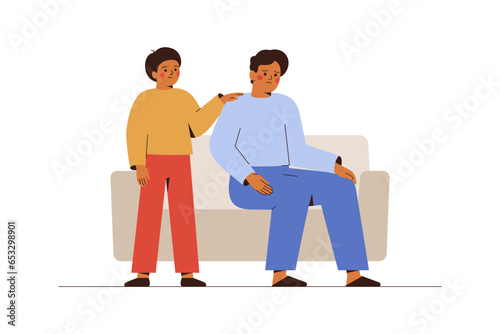 Son consoling sad father and puts hand on his shoulder. Teenager boy calms and cares about his unhappy parent. Family support concept. Vector illustration