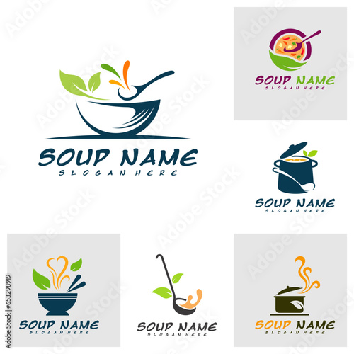 Set of Soup logo design concept. Food Cooking logo vector. Kitchen logo with pot full of vegetables.