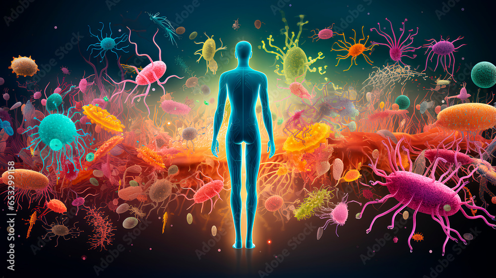 Representation of the human microbiota and microbiome, the bacteria and microorganisms that we have on our body.   - obrazy, fototapety, plakaty 